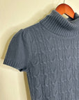 Pheobe & Lola 100% Cashmere Blue Cable Knit Short Sleeve Turtleneck Mini Dress