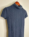 Pheobe & Lola 100% Cashmere Blue Cable Knit Short Sleeve Turtleneck Mini Dress