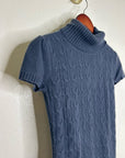 Pheobe & Lola 100% Cashmere Blue Cable Knit Short Sleeve Turtleneck Mini Dress
