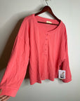 Nation LA 100% Cotton Coral Henley Wide Sleeve Long Sleeve Top