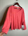 Nation LA 100% Cotton Coral Henley Wide Sleeve Long Sleeve Top