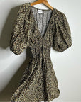 MATTEAU 100% Organic Cotton Neutral Floral Puff Sleeve V - Neck Mini Dress