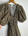 MATTEAU 100% Organic Cotton Neutral Floral Puff Sleeve V - Neck Mini Dress