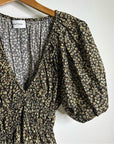 MATTEAU 100% Organic Cotton Neutral Floral Puff Sleeve V - Neck Mini Dress