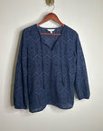 Garnet Hill 100% Cotton Eyelet Floral Detail Navy Blue Long Sleeve Blouse Top