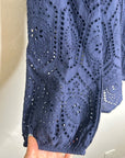 Garnet Hill 100% Cotton Eyelet Floral Detail Navy Blue Long Sleeve Blouse Top