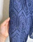 Garnet Hill 100% Cotton Eyelet Floral Detail Navy Blue Long Sleeve Blouse Top