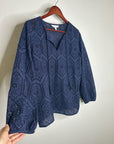 Garnet Hill 100% Cotton Eyelet Floral Detail Navy Blue Long Sleeve Blouse Top