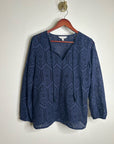Garnet Hill 100% Cotton Eyelet Floral Detail Navy Blue Long Sleeve Blouse Top