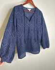 Garnet Hill 100% Cotton Eyelet Floral Detail Navy Blue Long Sleeve Blouse Top