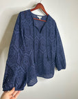 Garnet Hill 100% Cotton Eyelet Floral Detail Navy Blue Long Sleeve Blouse Top