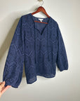 Garnet Hill 100% Cotton Eyelet Floral Detail Navy Blue Long Sleeve Blouse Top