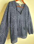 Garnet Hill 100% Cotton Eyelet Floral Detail Navy Blue Long Sleeve Blouse Top