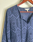 Garnet Hill 100% Cotton Eyelet Floral Detail Navy Blue Long Sleeve Blouse Top