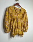 Cleobella 100% Cotton Yellow Tan Neutral Balloon Sleeve Peasant Style Blouse Top