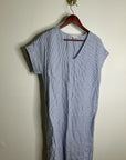 Pure Navy 100% Linen Blue White Striped V - Neck Shift Tunic Midi Dress