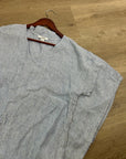 Pure Navy 100% Linen Blue White Striped V - Neck Shift Tunic Midi Dress
