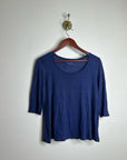 Eileen Fisher 100% Linen Lighweight Scoop Neck Blue Striped Short Sleeve Top