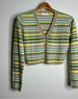 OGD 100% Cashmere Striped Cropped Button Down Cardigan Sweater