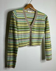 OGD 100% Cashmere Striped Cropped Button Down Cardigan Sweater