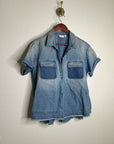 AG 100% Cotton Two Tone Denim Distressed Oversized Boxy Fit Popover Top