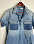 AG 100% Cotton Two Tone Denim Distressed Oversized Boxy Fit Popover Top