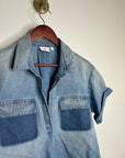 AG 100% Cotton Two Tone Denim Distressed Oversized Boxy Fit Popover Top