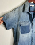 AG 100% Cotton Two Tone Denim Distressed Oversized Boxy Fit Popover Top