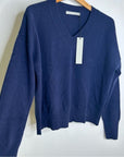 One Grey Day 100% Cashmere Navy Blue V - Neck Pullover Knit Sweater