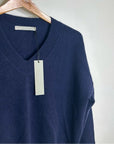 One Grey Day 100% Cashmere Navy Blue V - Neck Pullover Knit Sweater