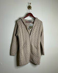 Aran Crafts 100% Merino Wool Tan Thick Cable Knit Hooded Zip Front Sweater