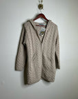 Aran Crafts 100% Merino Wool Tan Thick Cable Knit Hooded Zip Front Sweater