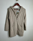 Aran Crafts 100% Merino Wool Tan Thick Cable Knit Hooded Zip Front Sweater