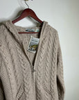 Aran Crafts 100% Merino Wool Tan Thick Cable Knit Hooded Zip Front Sweater