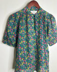 Trovata 100% Cotton Floral Teal Green Short Sleeve Keyhole Blouse Top