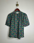 Trovata 100% Cotton Floral Teal Green Short Sleeve Keyhole Blouse Top