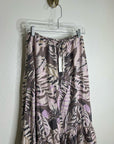Unsubscribed 100% Silk Neutral Palm Printed Tie Waist Tiered Maxi Skirt