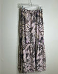 Unsubscribed 100% Silk Neutral Palm Printed Tie Waist Tiered Maxi Skirt