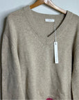 Oney Grey Day 100% Cashmere Tan Pink Crochet V - Neck Tunic Oversized Sweater