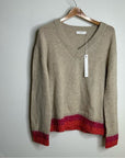 Oney Grey Day 100% Cashmere Tan Pink Crochet V - Neck Tunic Oversized Sweater