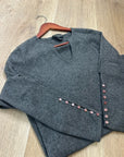Sutton Studio 100% Cashmere Gray V - Neck Knit Tunic Sweater Button Sleeve