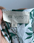 Ex Voto 100% Cotton White Green Bird Block Printed Maxi Dress