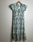 Ex Voto 100% Cotton White Green Bird Block Printed Maxi Dress