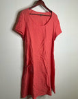 FLAX 100% Linen Coral Striped Scoop Neck Loose Fit Midi Dress