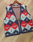 J. Peterman Cotton Linen Knit Aztec Southwestern Leather Tie Front Vest