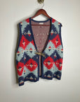 J. Peterman Cotton Linen Knit Aztec Southwestern Leather Tie Front Vest