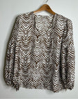 Lafayette 148 100% Silk Brown Animal Print Ruched Sleeve Blouse