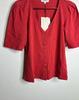 Nation LA 100% Cotton Jen Button Down Puff Sleeve Top in Red Gold Button