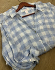 Isaac Mizrahi 100% Linen Blue White Gingham Checkered Button Down Tunic Top