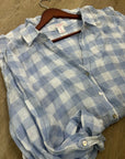 Isaac Mizrahi 100% Linen Blue White Gingham Checkered Button Down Tunic Top